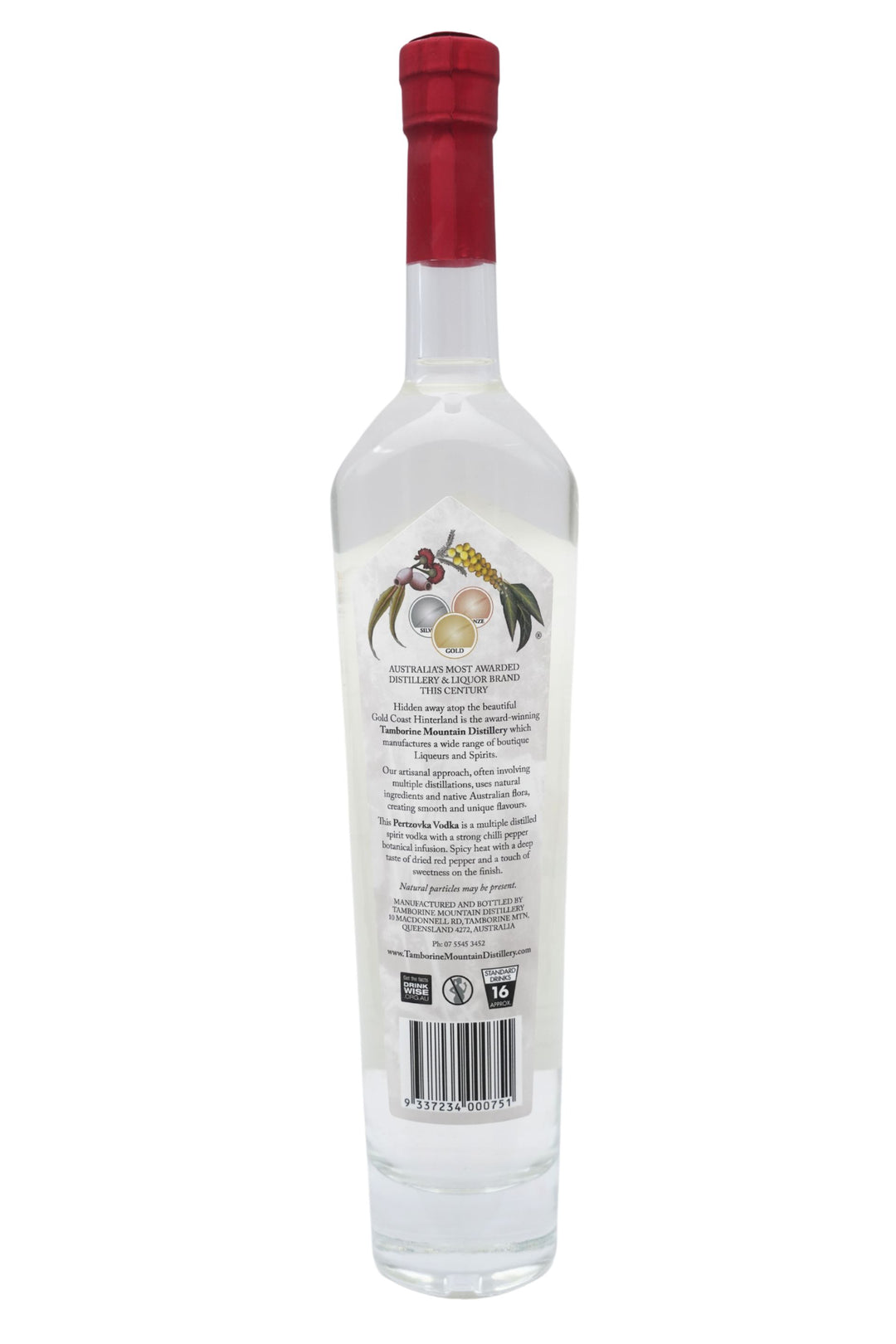 Back of 500ml clear glass bottle of Tamborine Mountain Distillery Pertzovka Vodka, featuring a watercolour-style illustrated label reflecting its flavour profile.