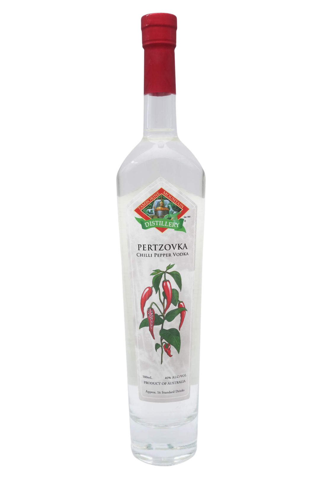 Front of 500ml clear glass bottle of Tamborine Mountain Distillery Pertzovka Vodka, featuring a watercolour-style illustrated label reflecting its flavour profile.