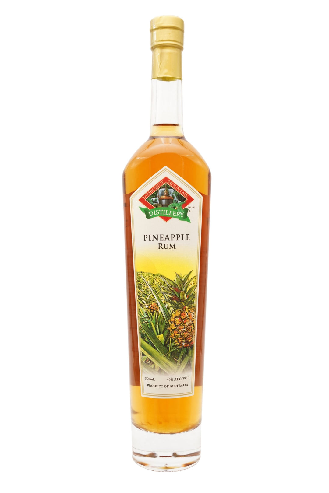 Front of 500ml clear glass bottle of Tamborine Mountain Distillery Pineapple Rum, featuring a watercolour-style illustrated label reflecting its flavour profile.