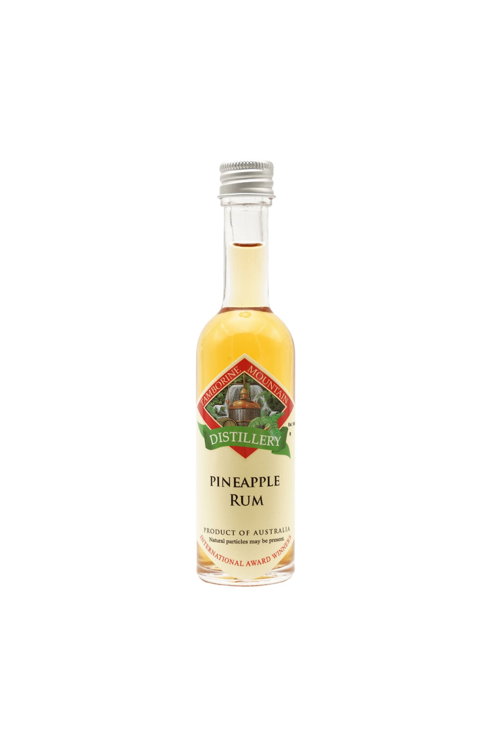 55ml handcrafted bottle of Tamborine Mountain Distillery’s Pineapple Rum, in clear glass with small artisan label