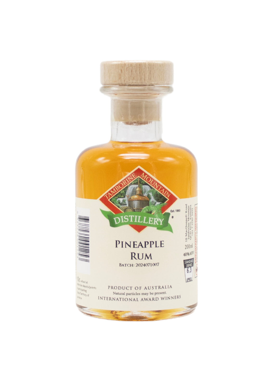 200ml handcrafted bottle of Tamborine Mountain Distillery’s Pineapple Rum, in clear glass with small artisan label