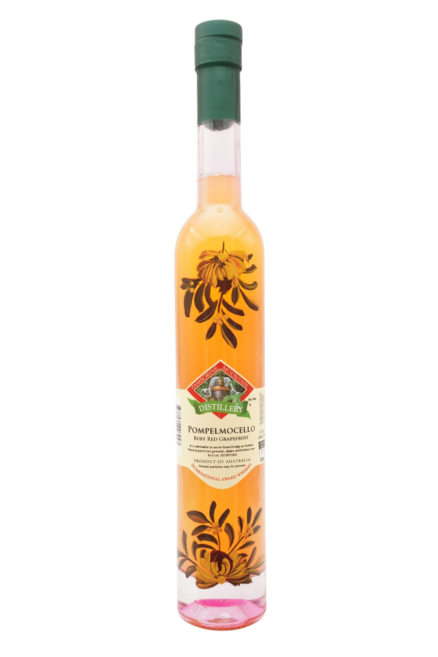 375ml handcrafted bottle of Tamborine Mountain Distillery’s Pompelmocello Liqueur, featuring botanical artwork, coloured glass, and small artisan label