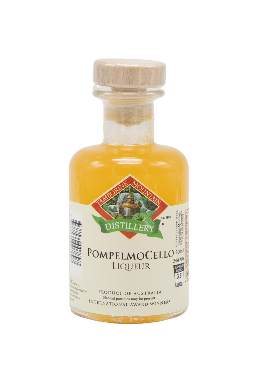 200ml handcrafted bottle of Tamborine Mountain Distillery’s Pompelmocello, in clear glass with small artisan label