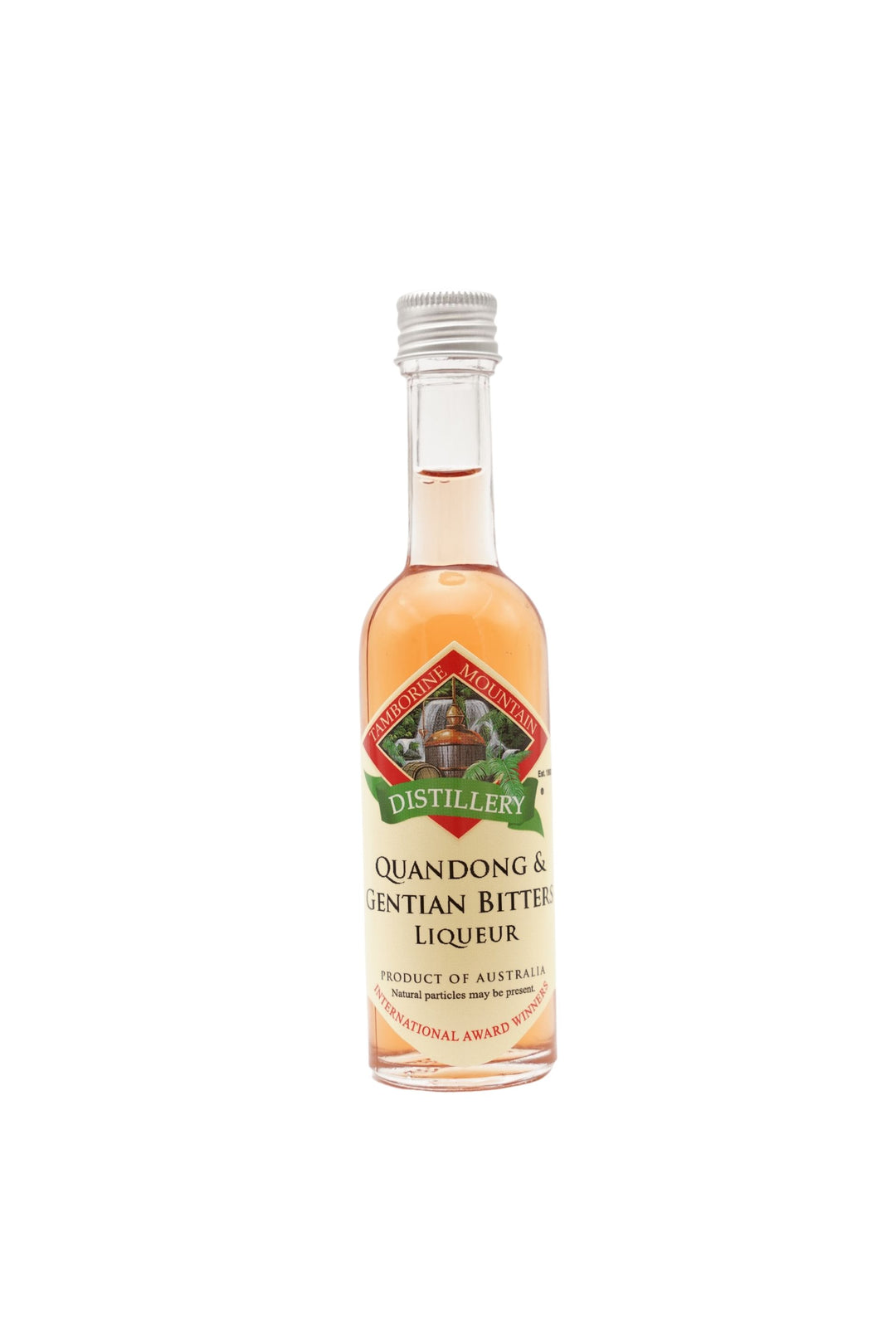 55ml handcrafted bottle of Tamborine Mountain Distillery’s Quandong & Gentian Bitters Liqueur, in clear glass with small artisan label