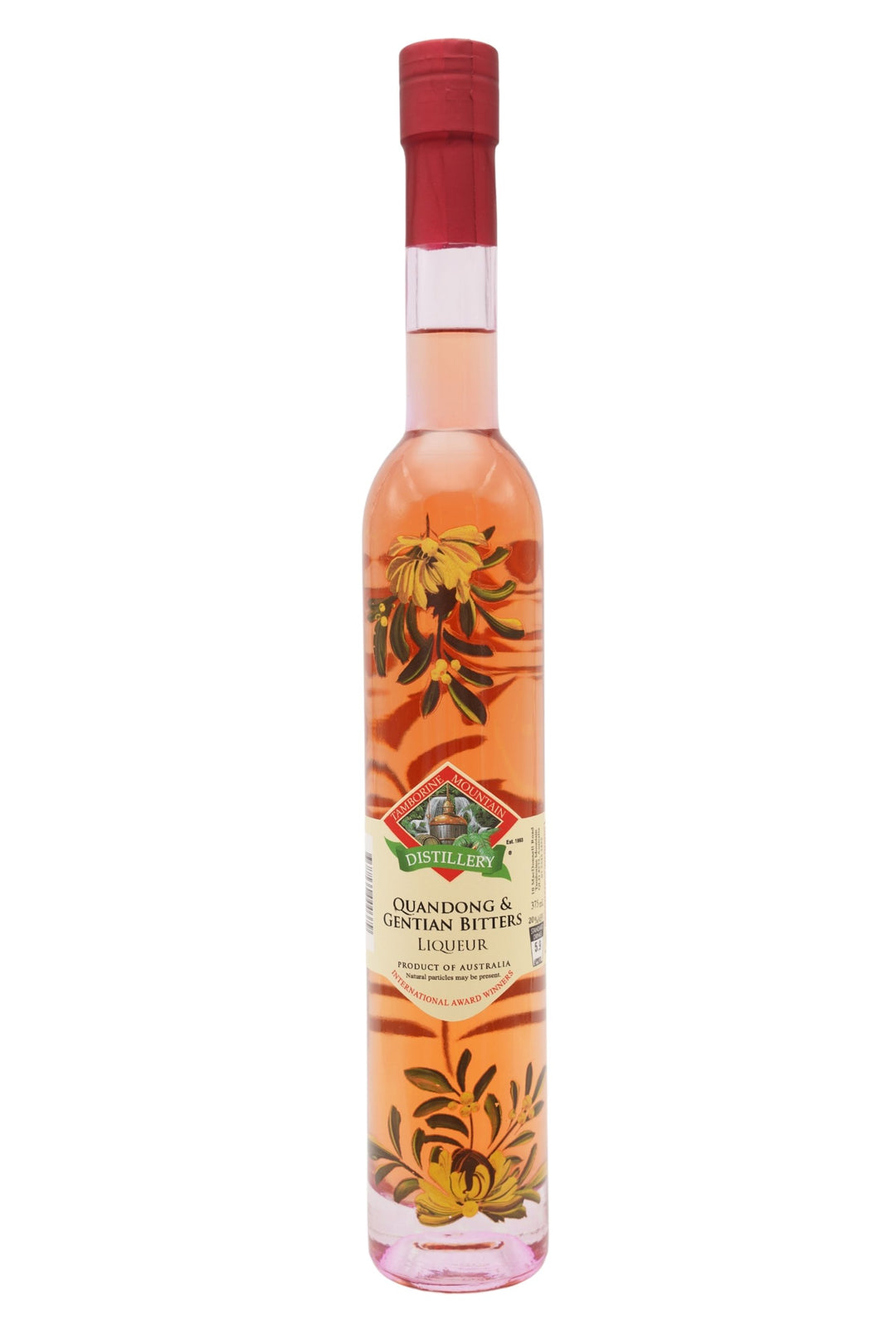 375ml handcrafted bottle of Tamborine Mountain Distillery’s Quandong & Gentian Bitters Liqueur, featuring botanical artwork, coloured glass, and small artisan label