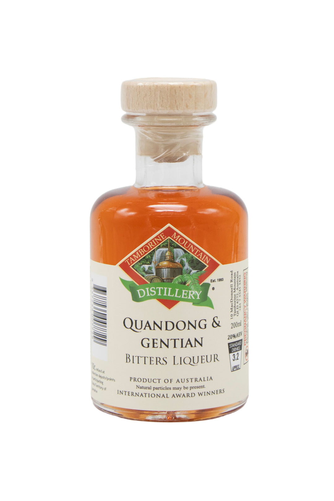 200ml handcrafted bottle of Tamborine Mountain Distillery’s Quandong & Gentian Bitters Liqueur, in clear glass with small artisan label