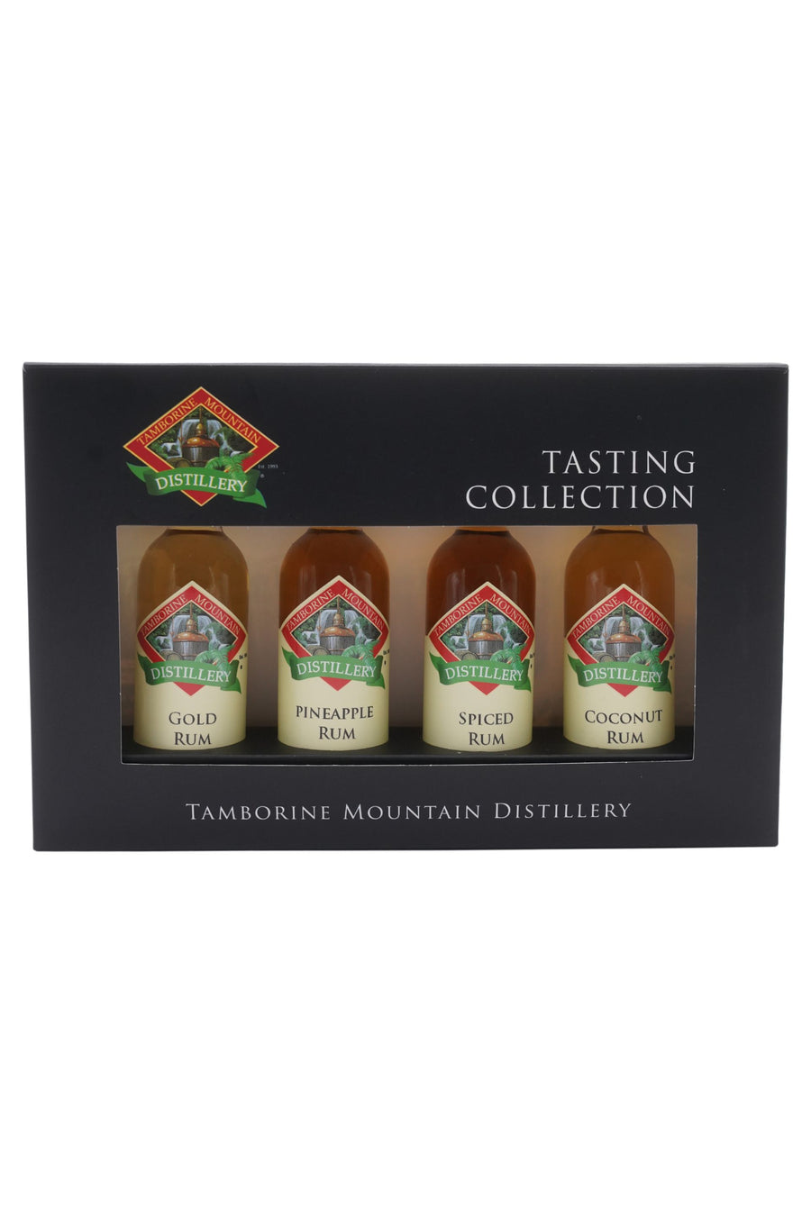 Tamborine Mountain Distillery 4 x 55ml Rum pack gift box, closed, with branding and design visible.
