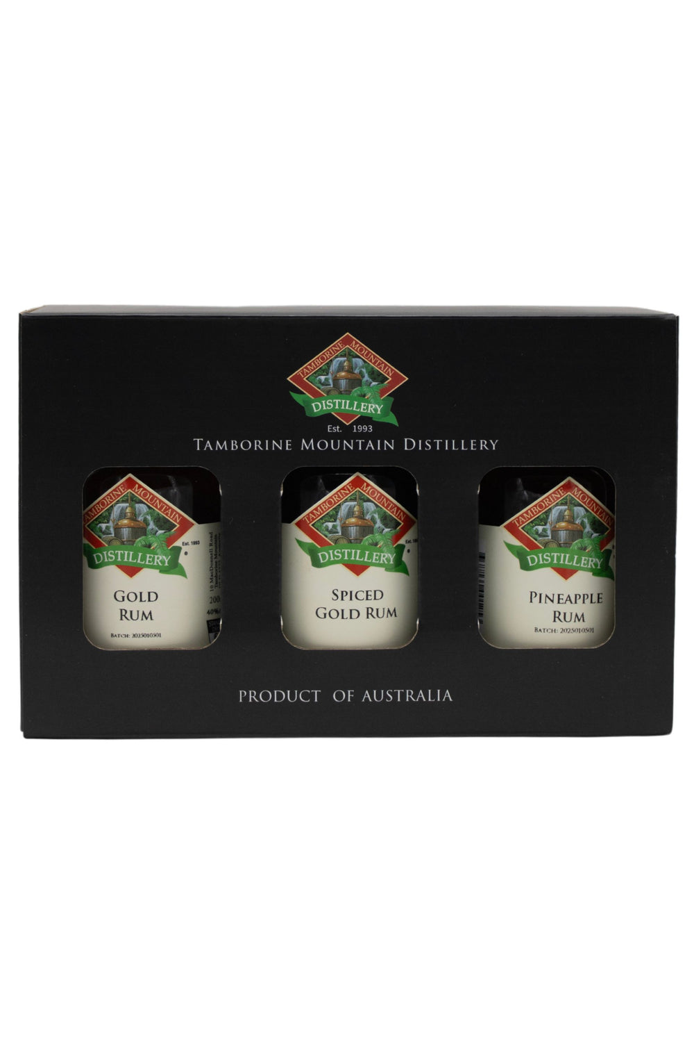Tamborine Mountain Distillery 3 x 200ml Rum pack gift box, closed, with branding and design visible.