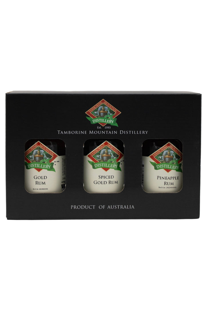 Tamborine Mountain Distillery 3 x 200ml Rum pack gift box, closed, with branding and design visible.