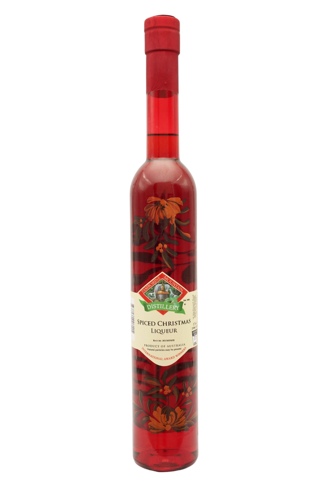 375ml handcrafted bottle of Tamborine Mountain Distillery’s Spiced Christmas Liqueur, featuring botanical artwork, coloured glass, and small artisan label
