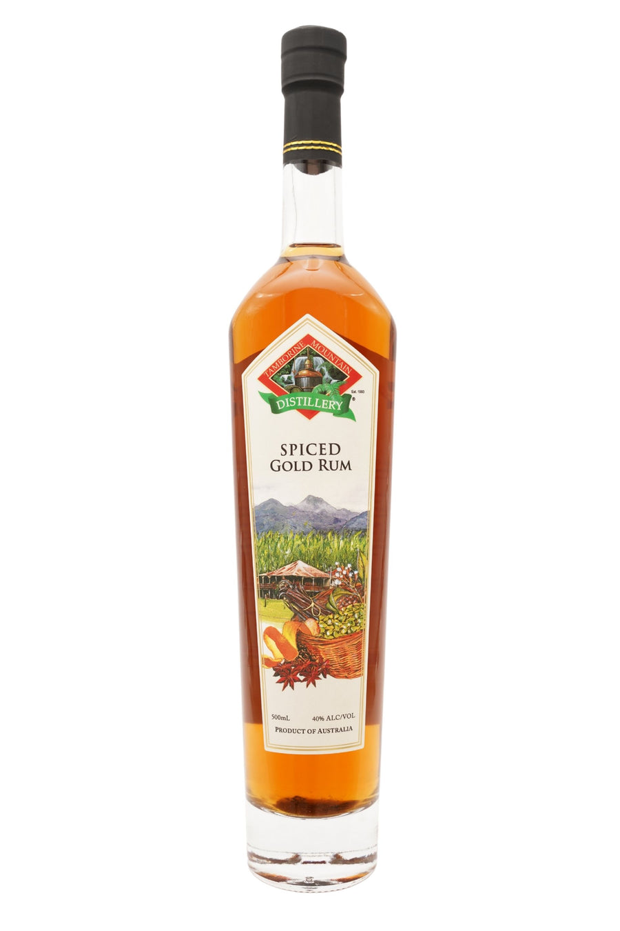 Front of 500ml clear glass bottle of Tamborine Mountain Distillery Spiced Gold Rum, featuring a watercolour-style illustrated label reflecting its flavour profile.