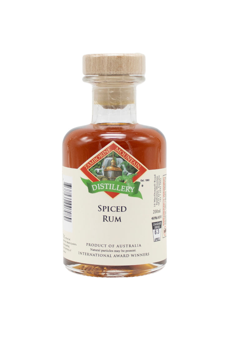 200ml handcrafted bottle of Tamborine Mountain Distillery’s Spiced Gold Rum, in clear glass with small artisan label