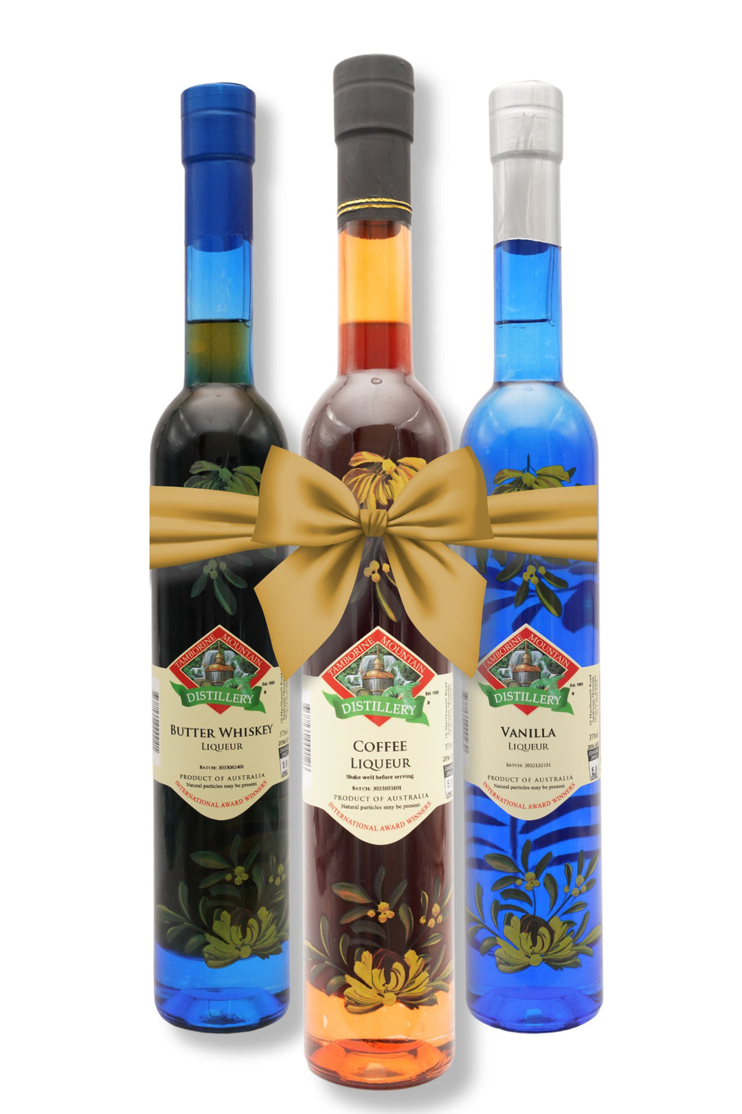 Father’s Day bundle from Tamborine Mountain Distillery featuring three bottles of Butter Whiskey Liqueur, Coffee Liqueur and Vanilla Liqueur