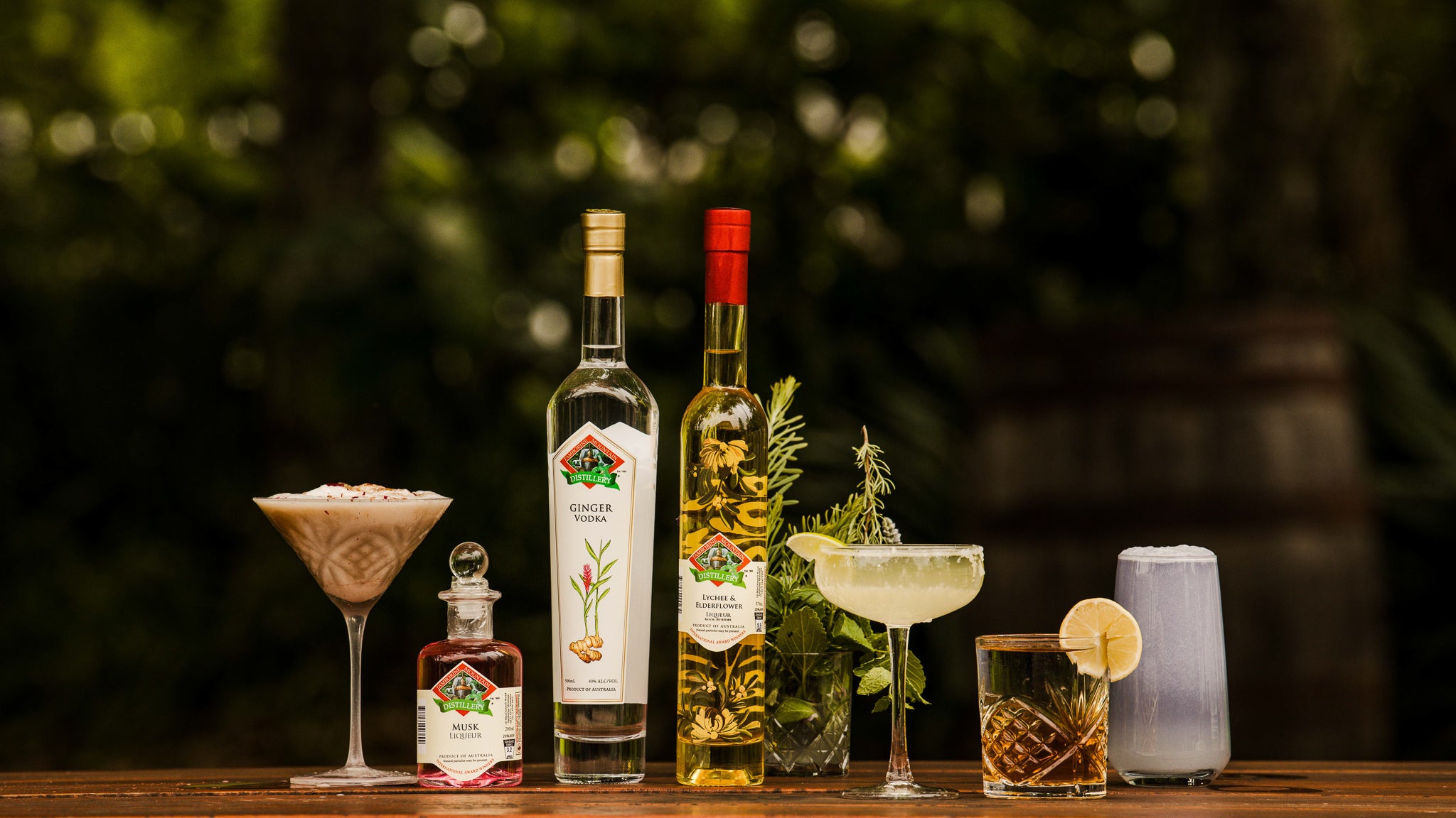 Tamborine Mountain Distillery bottles and cocktails display