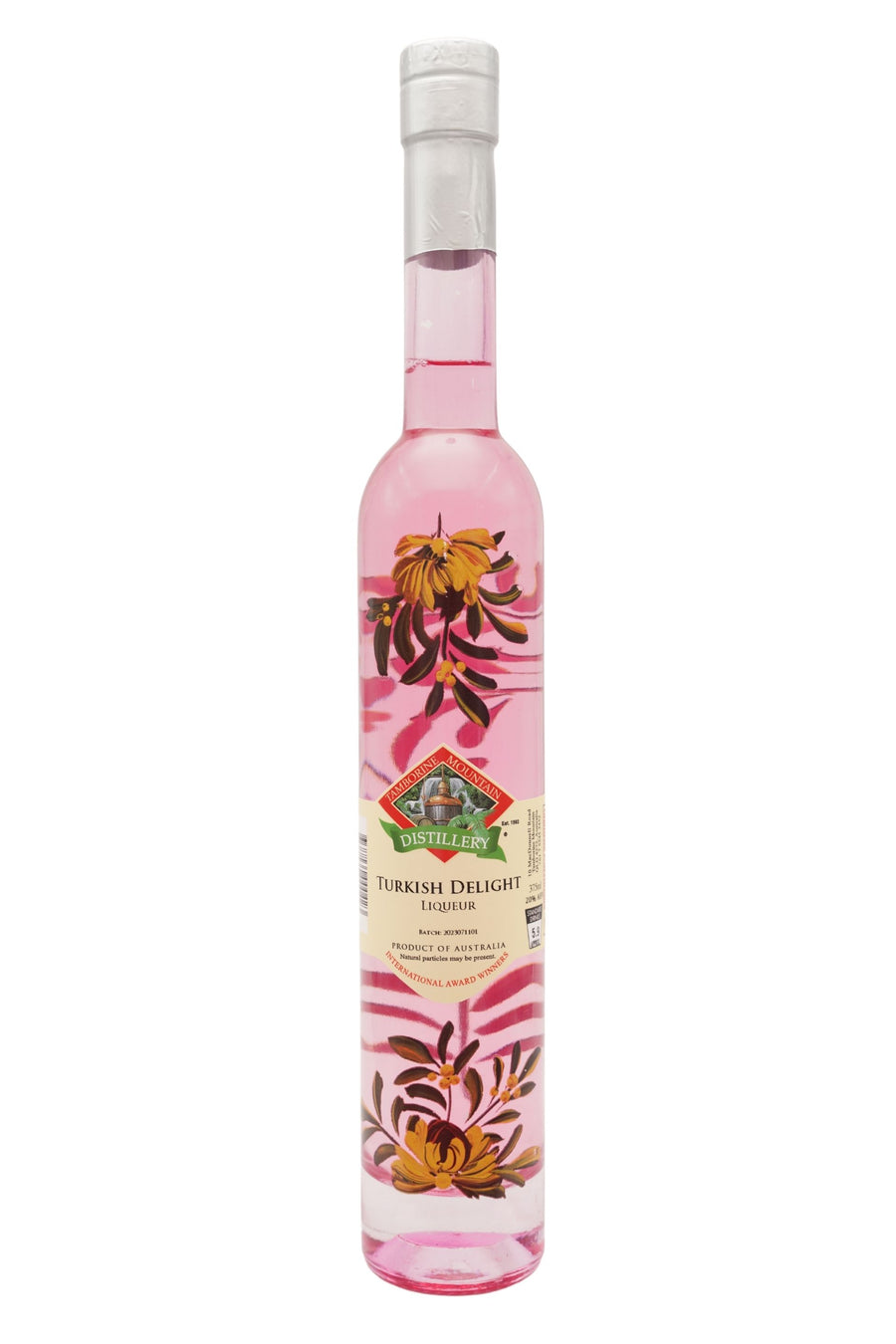 375ml handcrafted bottle of Tamborine Mountain Distillery’s Turkish Delight Liqueur, featuring botanical artwork, coloured glass, and small artisan label