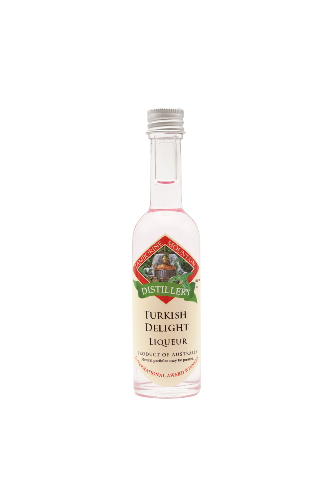 55ml handcrafted bottle of Tamborine Mountain Distillery’s Turkish Delight Liqueur, in clear glass with small artisan label