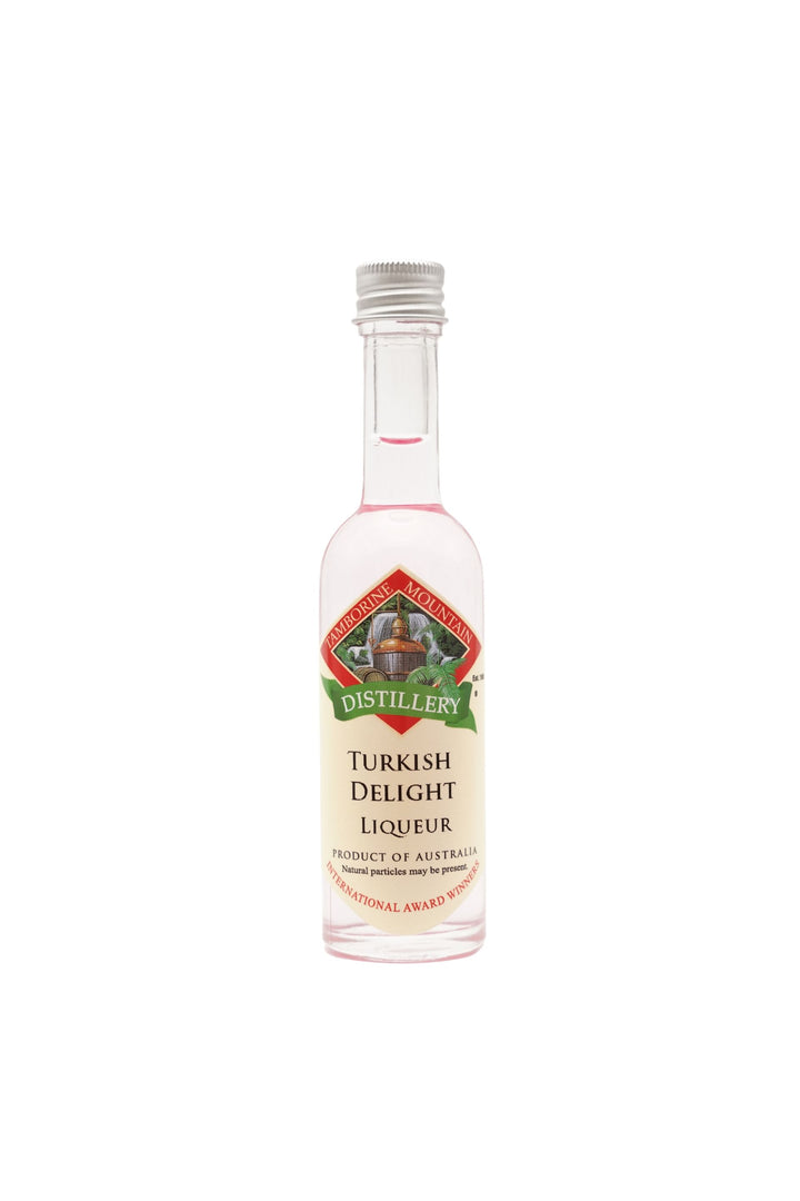 55ml handcrafted bottle of Tamborine Mountain Distillery’s Turkish Delight Liqueur, in clear glass with small artisan label