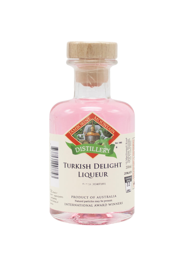 200ml handcrafted bottle of Tamborine Mountain Distillery’s Turkish Delight Liqueur, in clear glass with small artisan label