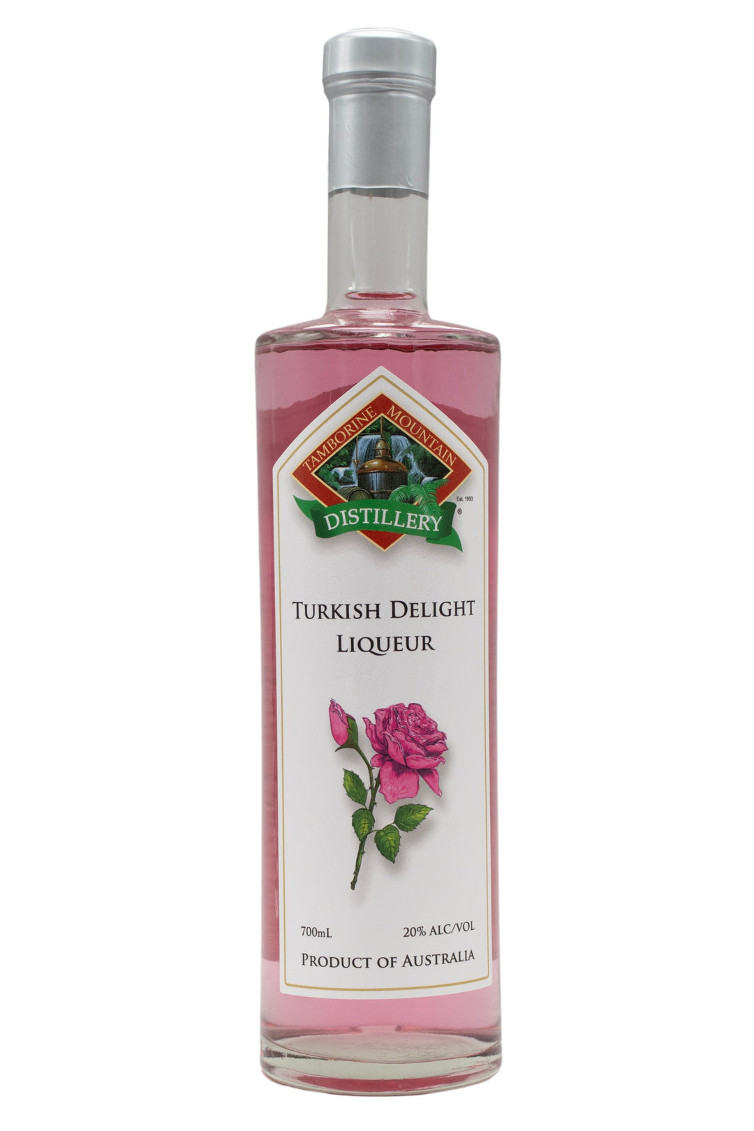 700ml clear glass bottle of Tamborine Mountain Distillery Turkish Delight Liqueur, featuring a watercolour-style illustrated label reflecting its flavour profile.