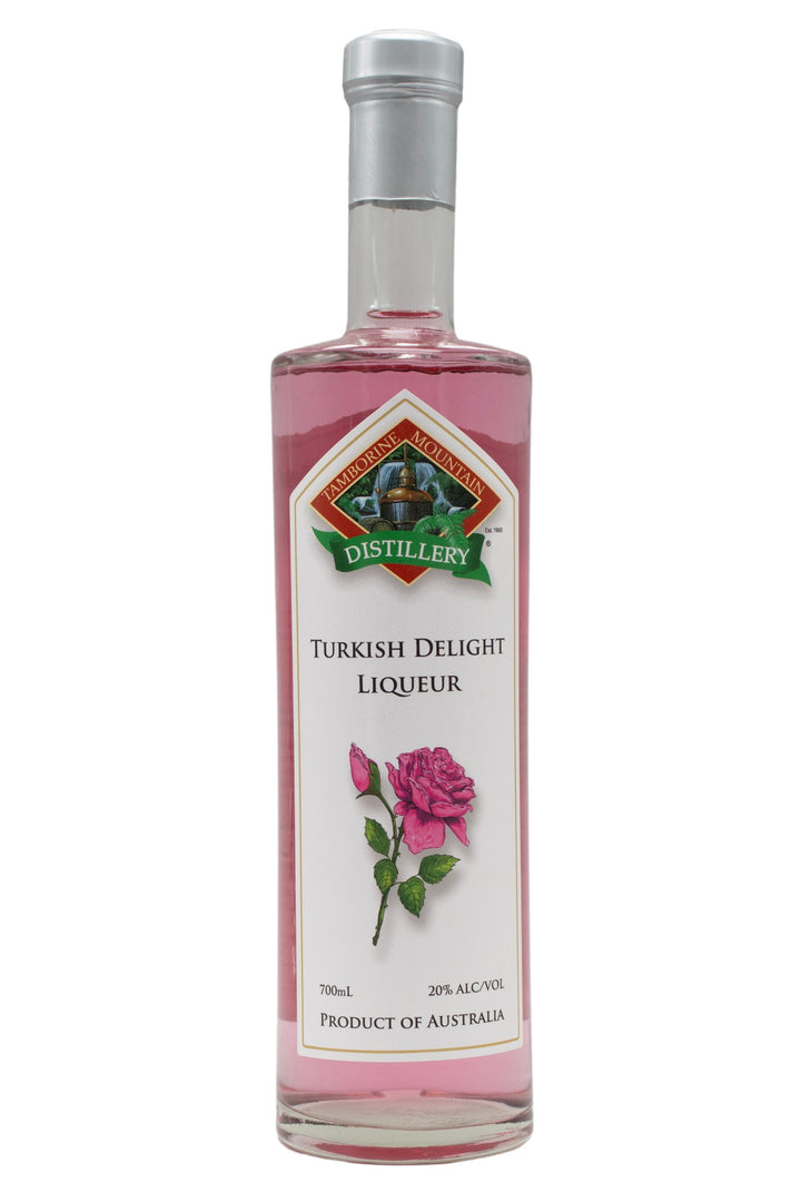 700ml clear glass bottle of Tamborine Mountain Distillery Turkish Delight Liqueur, featuring a watercolour-style illustrated label reflecting its flavour profile.