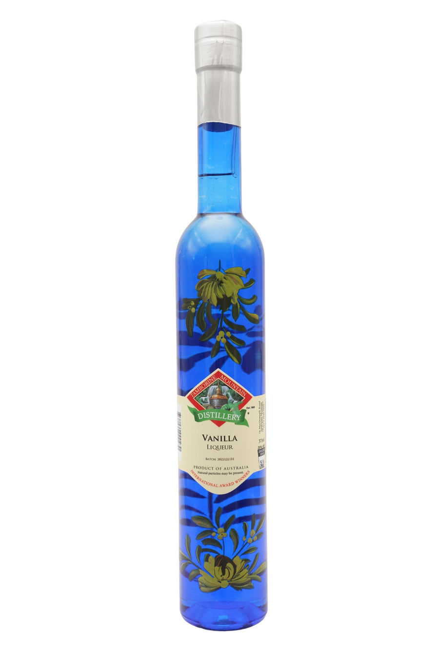 375ml handcrafted bottle of Tamborine Mountain Distillery’s Vanilla Liqueur, featuring botanical artwork, coloured glass, and small artisan label