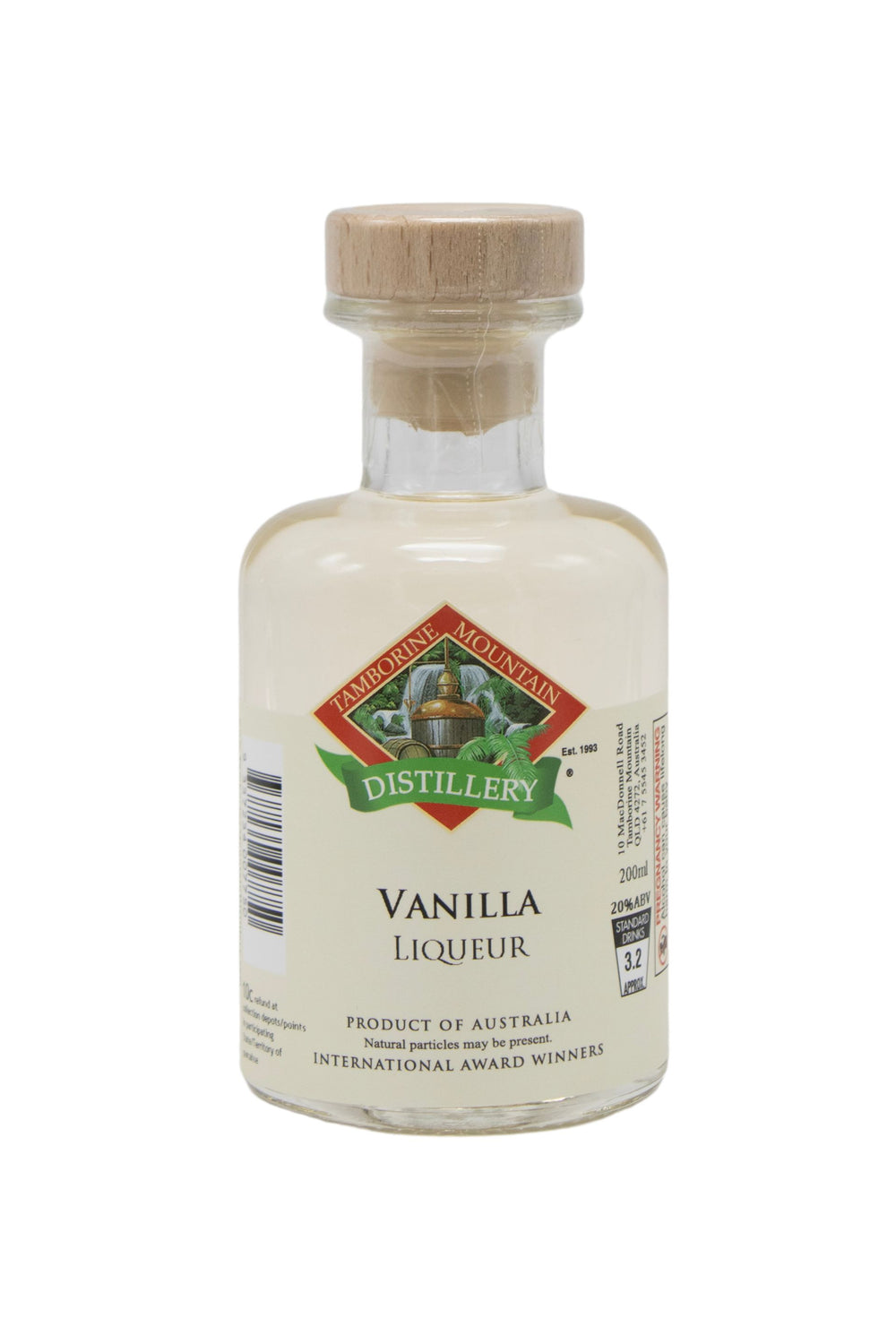 200ml handcrafted bottle of Tamborine Mountain Distillery’s Vanilla Liqueur, in clear glass with small artisan label
