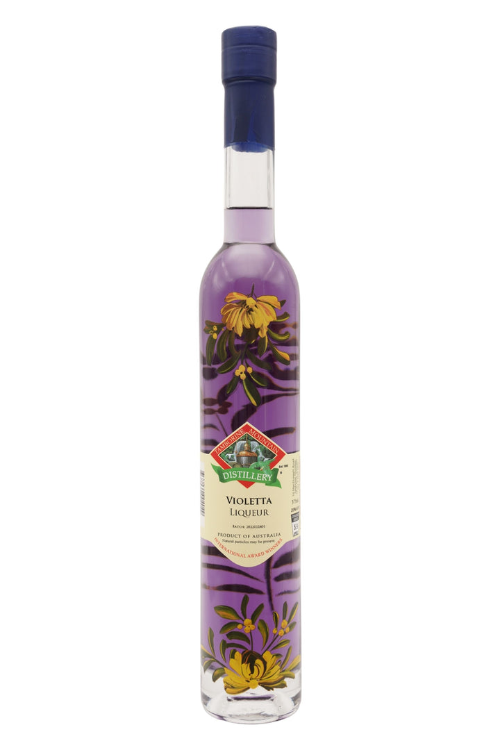 375ml handcrafted bottle of Tamborine Mountain Distillery’s Violetta Liqueur, featuring botanical artwork, coloured glass, and small artisan label