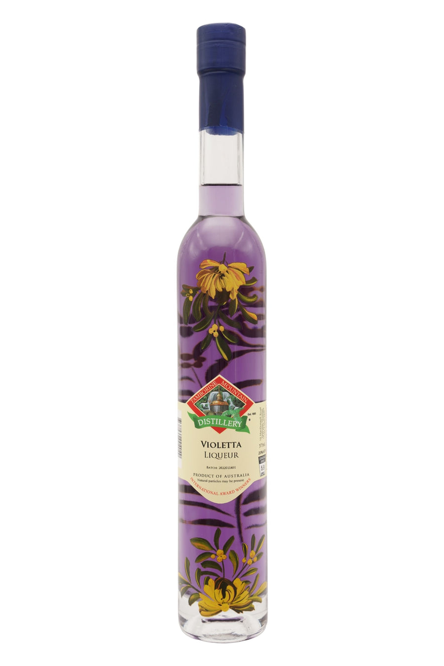 375ml handcrafted bottle of Tamborine Mountain Distillery’s Violetta Liqueur, featuring botanical artwork, coloured glass, and small artisan label