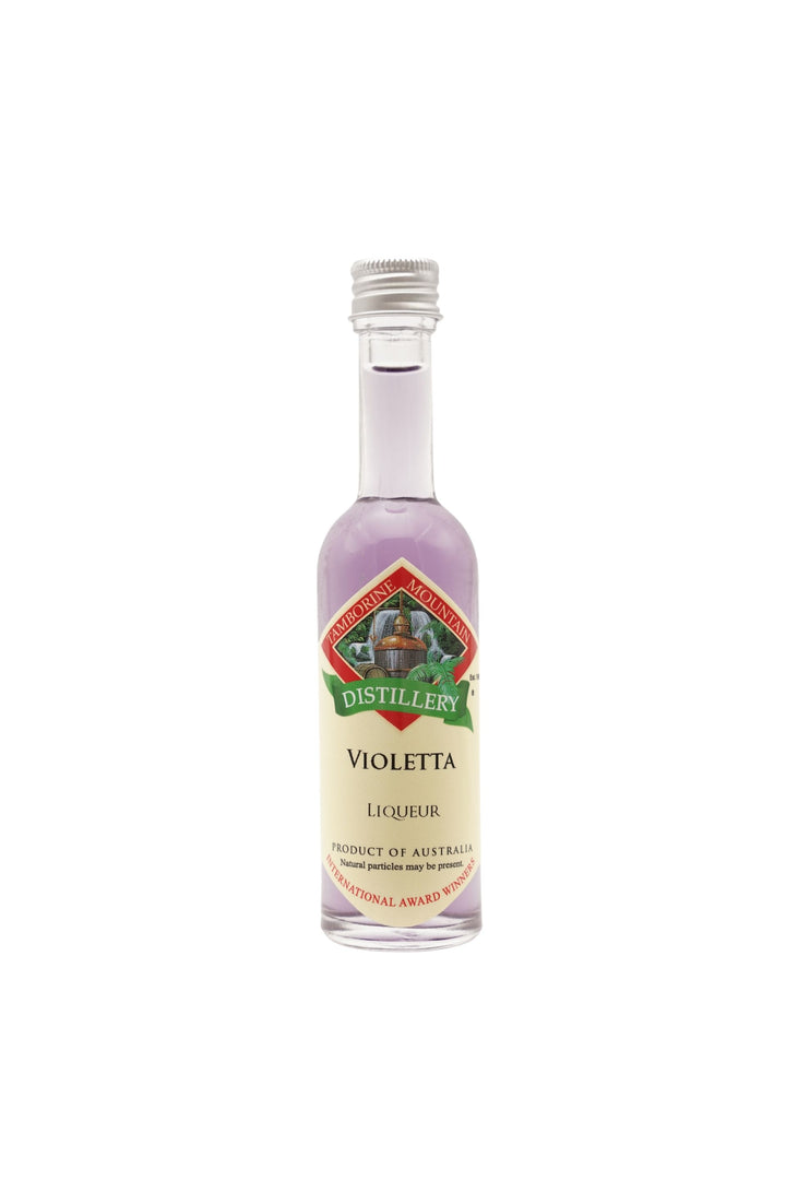 55ml handcrafted bottle of Tamborine Mountain Distillery’s Violetta Liqueur, in clear glass with small artisan label