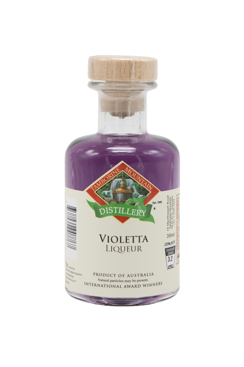 200ml handcrafted bottle of Tamborine Mountain Distillery’s Violetta Liqueur, in clear glass with small artisan label