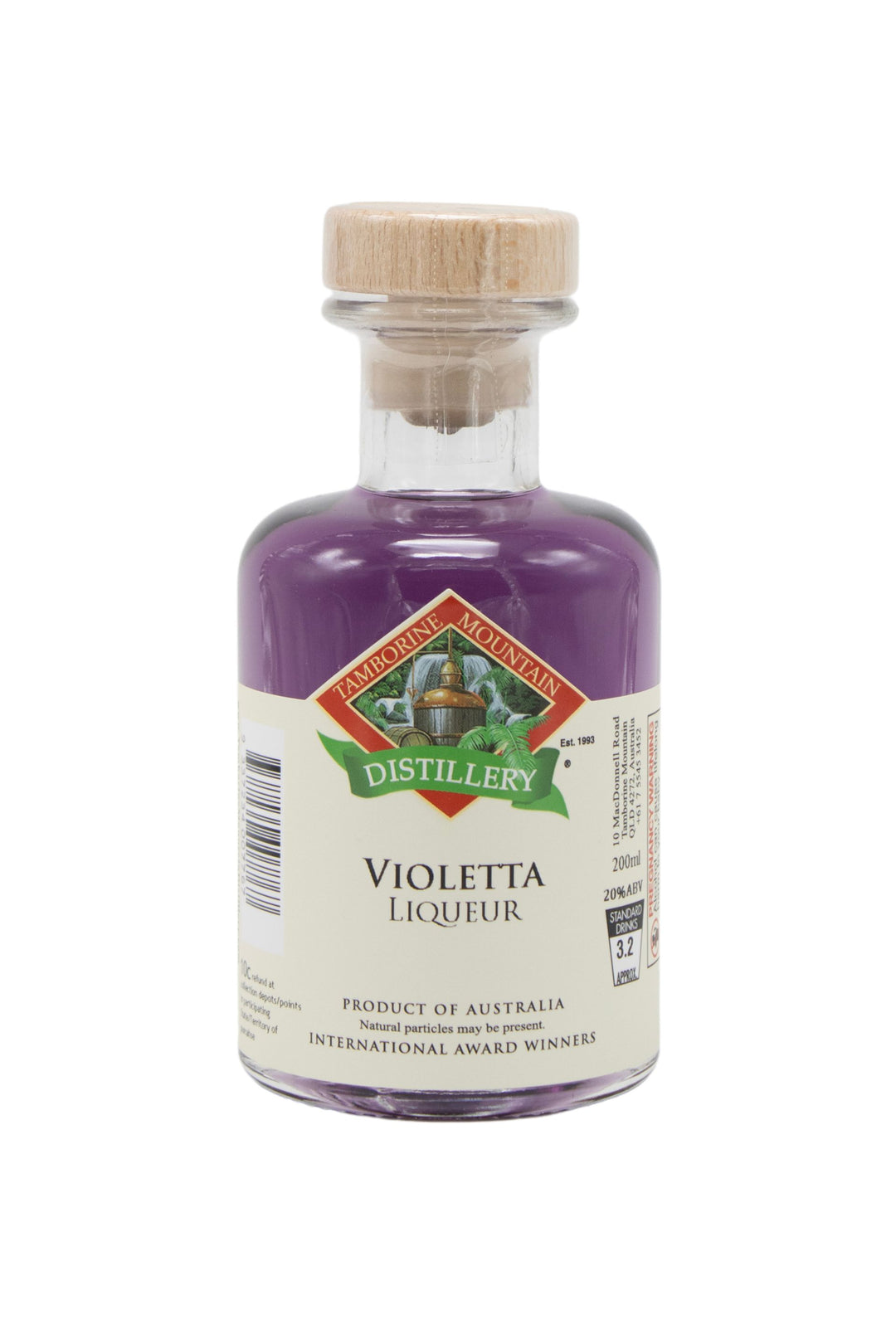 200ml handcrafted bottle of Tamborine Mountain Distillery’s Violetta Liqueur, in clear glass with small artisan label