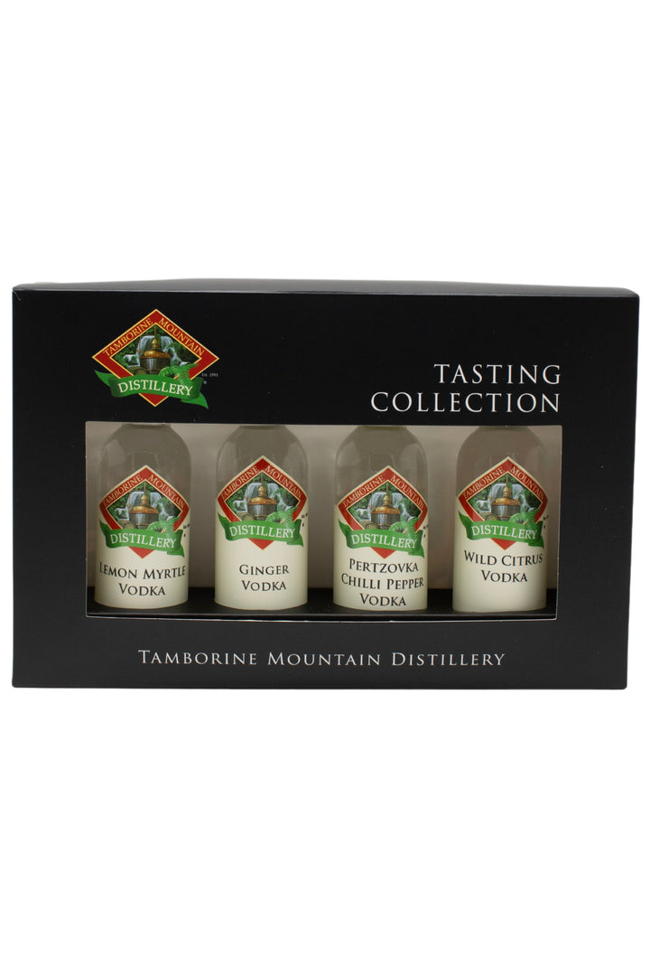 Tamborine Mountain Distillery 4 x 55ml Vodka pack gift box, closed, with branding and design visible.