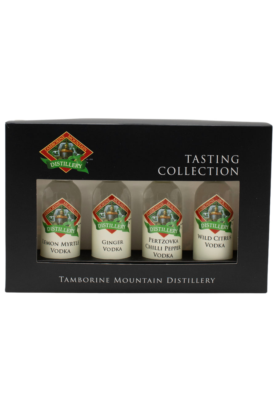 Tamborine Mountain Distillery 4 x 55ml Vodka pack gift box, closed, with branding and design visible.