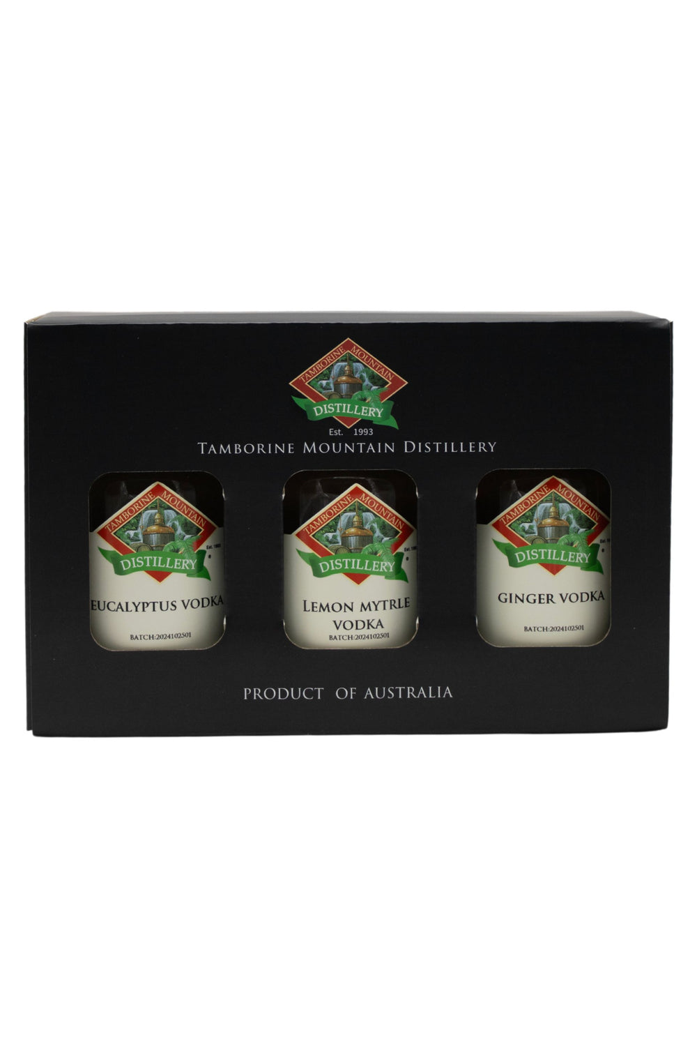 Tamborine Mountain Distillery 3 x 200ml Vodka pack gift box, closed, with branding and design visible.
