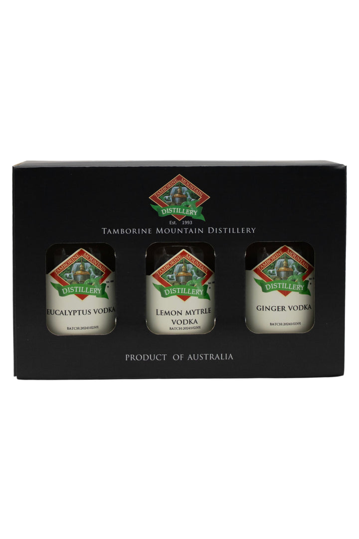 Tamborine Mountain Distillery 3 x 200ml Vodka pack gift box, closed, with branding and design visible.