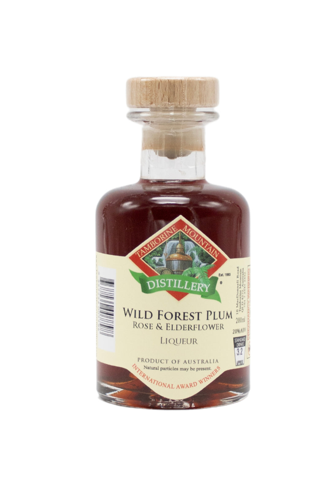 200ml handcrafted bottle of Tamborine Mountain Distillery’s Wild Forest Plum with Rose & Elderflower Liqueur, in clear glass with small artisan label
