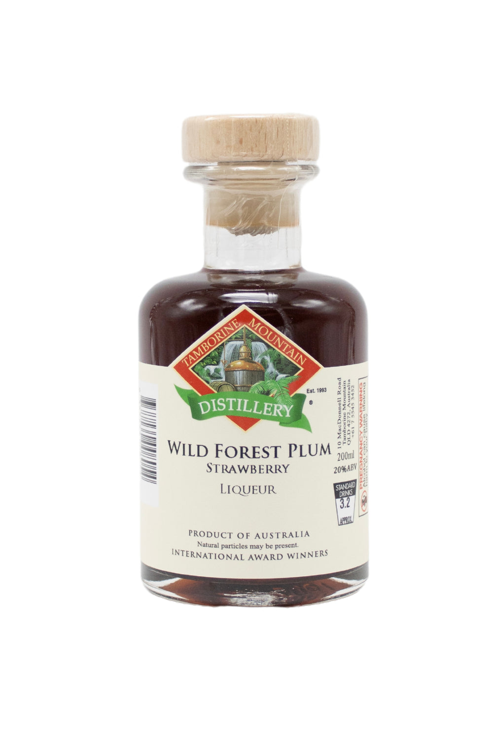 200ml handcrafted bottle of Tamborine Mountain Distillery’s Wild Forest Plum with Strawberry Liqueur, in clear glass with small artisan label