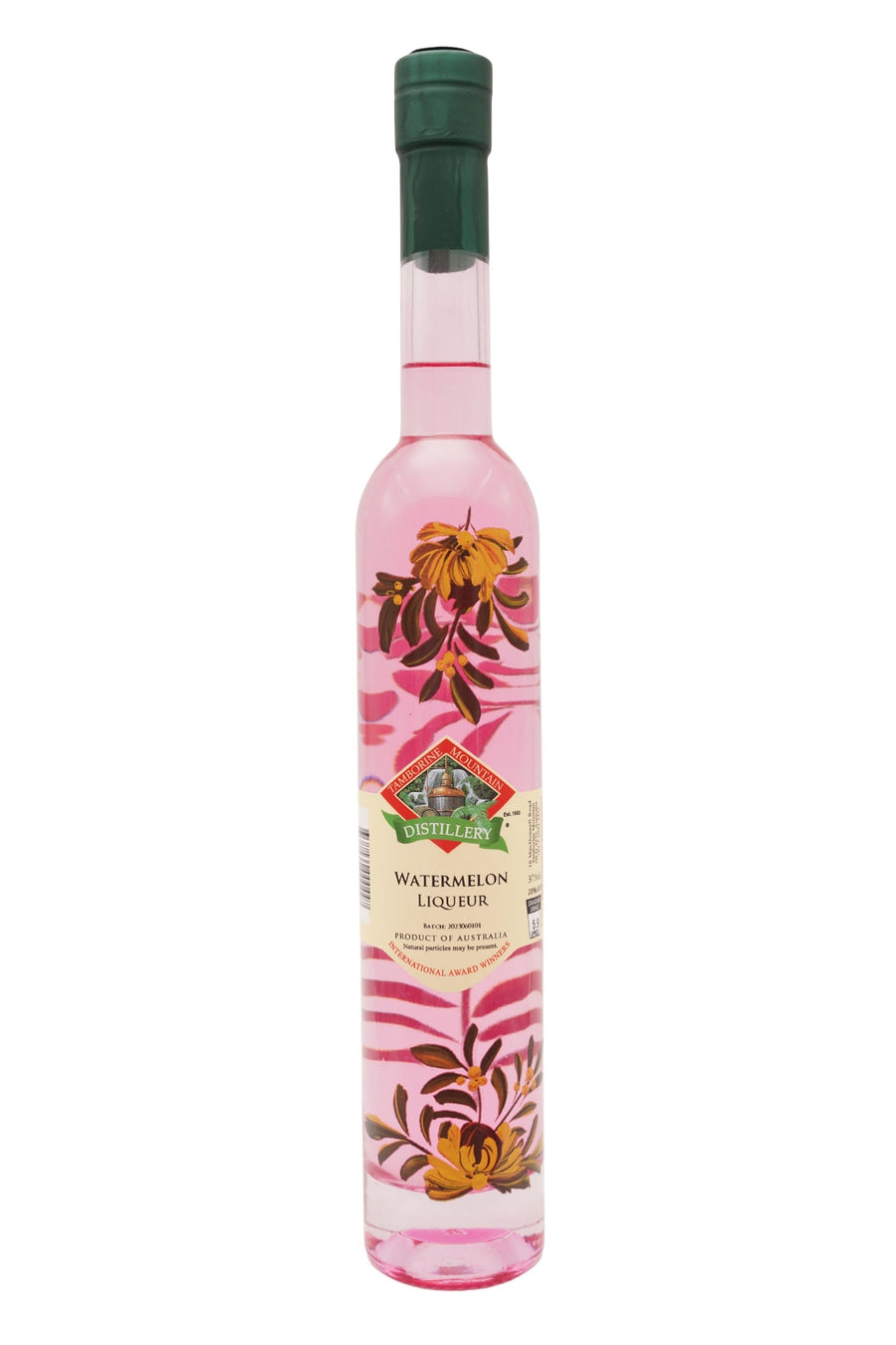 375ml handcrafted bottle of Tamborine Mountain Distillery’s Watermelon Liqueur, featuring botanical artwork, coloured glass, and small artisan label