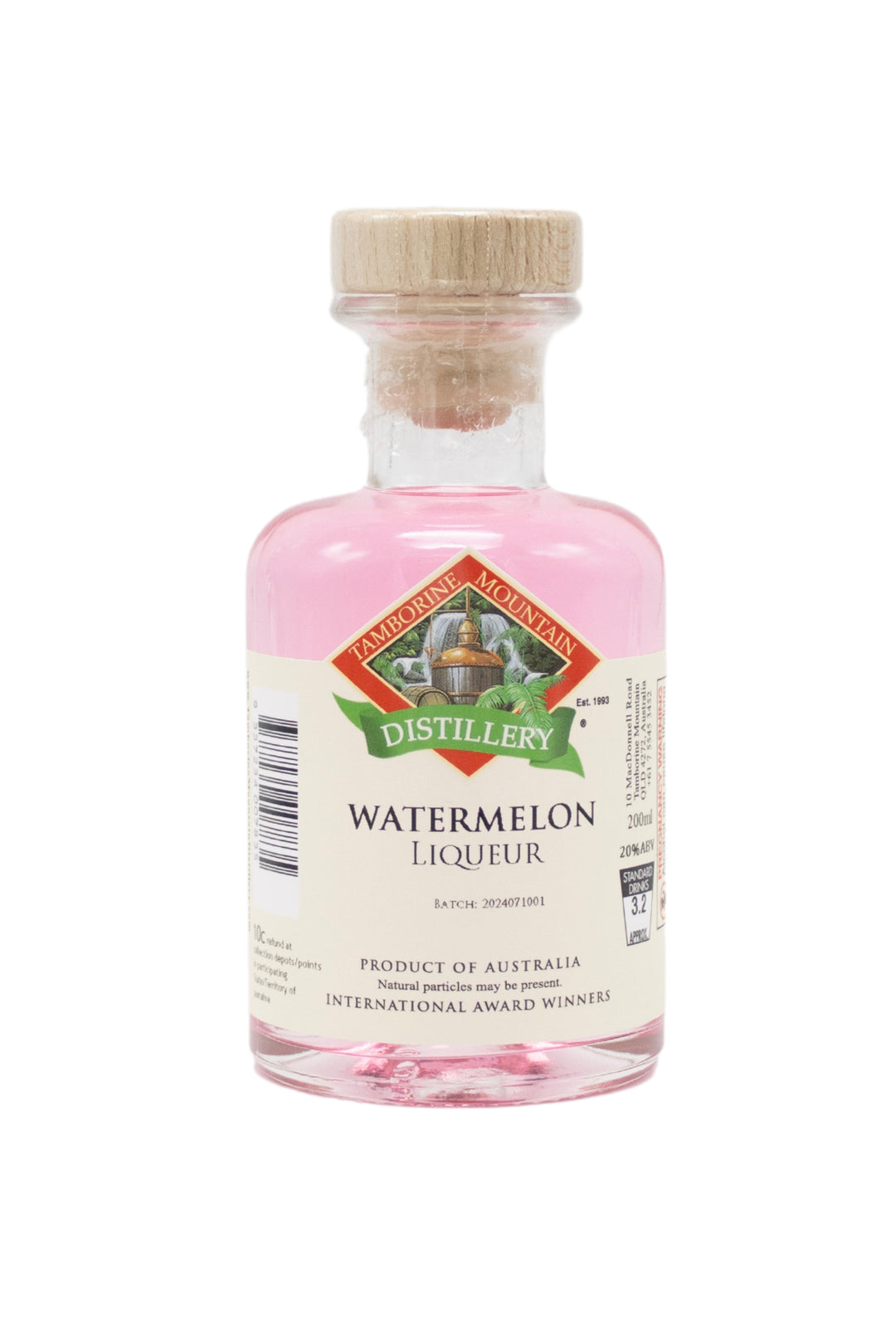 200ml handcrafted bottle of Tamborine Mountain Distillery’s Watermelon Liqueur, in clear glass with small artisan label