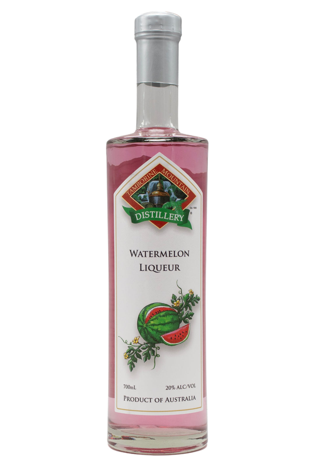 700ml clear glass bottle of Tamborine Mountain Distillery Watermelon Liqueur, featuring a watercolour-style illustrated label reflecting its flavour profile.