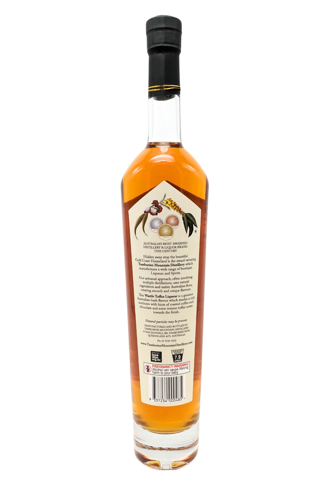 Back of 500ml clear glass bottle of Tamborine Mountain Distillery Wattle Toffee Liqueur, featuring a watercolour-style illustrated label reflecting its flavour profile.