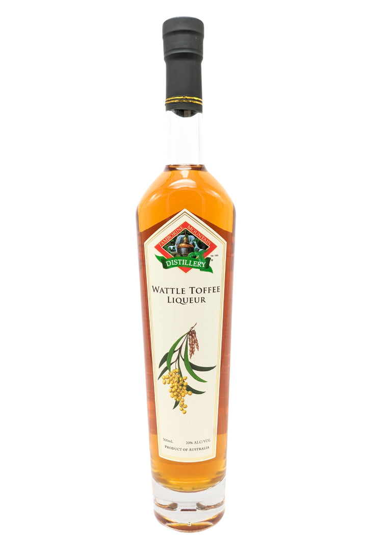Front of 500ml clear glass bottle of Tamborine Mountain Distillery Wattle Toffee Liqueur, featuring a watercolour-style illustrated label reflecting its flavour profile.