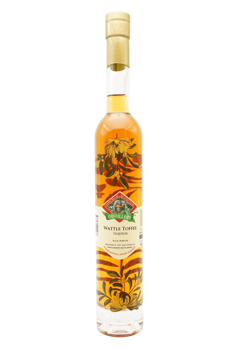 375ml handcrafted bottle of Tamborine Mountain Distillery’s Wattle Toffee Liqueur, featuring botanical artwork, coloured glass, and small artisan label