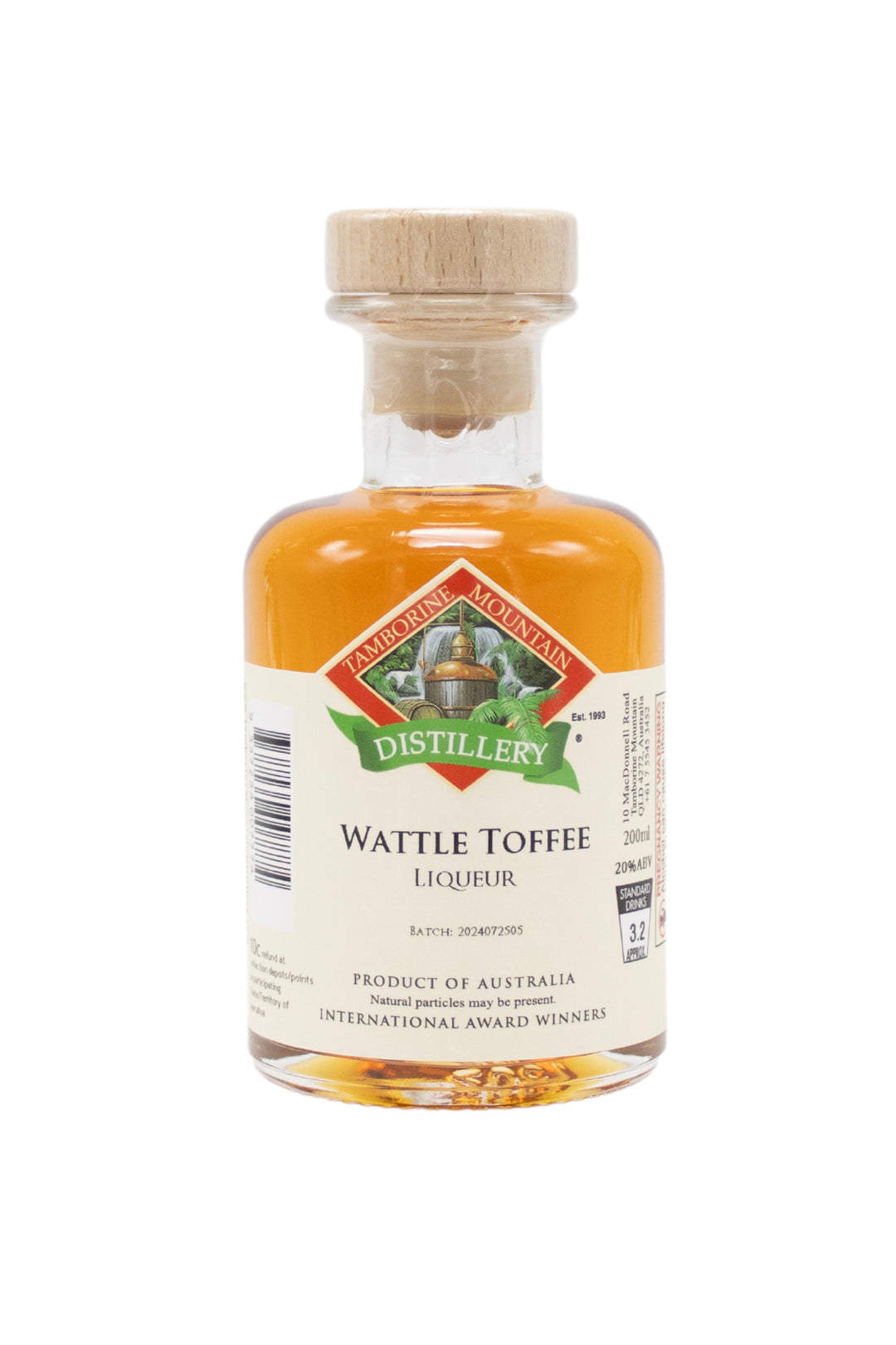 200ml handcrafted bottle of Tamborine Mountain Distillery’s Wattle Toffee Liqueur, in clear glass with small artisan label