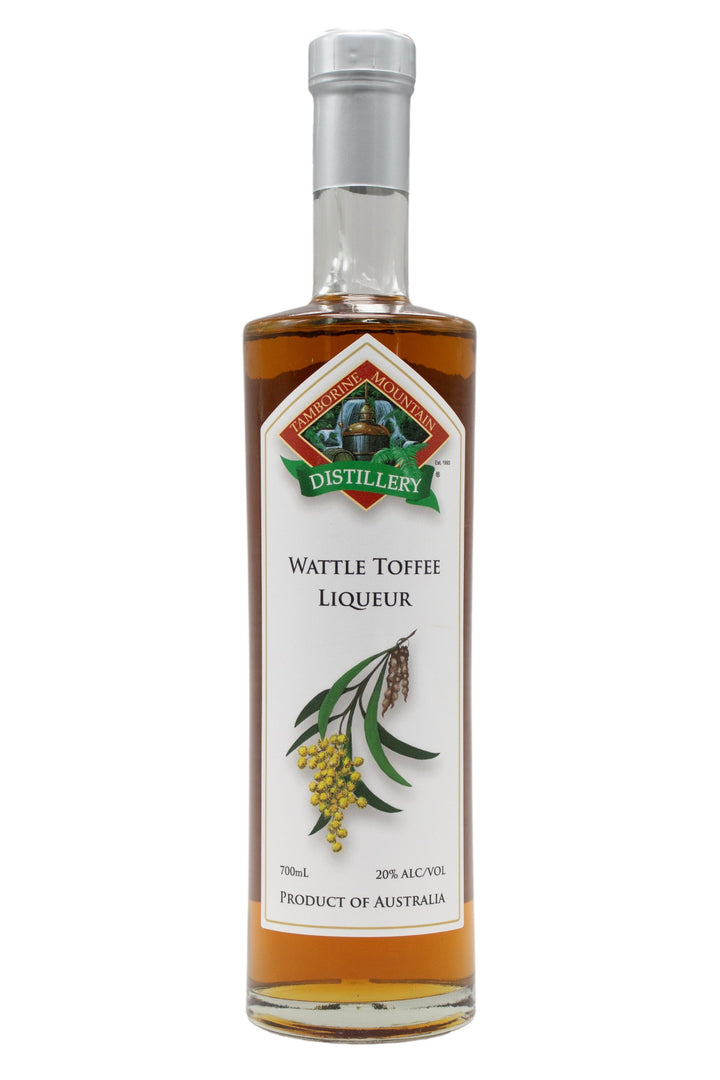 700ml clear glass bottle of Tamborine Mountain Distillery Wattle Toffee Liqueur, featuring a watercolour-style illustrated label reflecting its flavour profile.