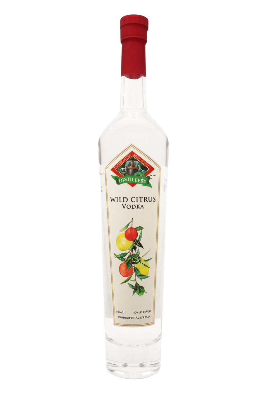 Front of 500ml clear glass bottle of Tamborine Mountain Distillery Wild Citrus Vodka, featuring a watercolour-style illustrated label reflecting its flavour profile.