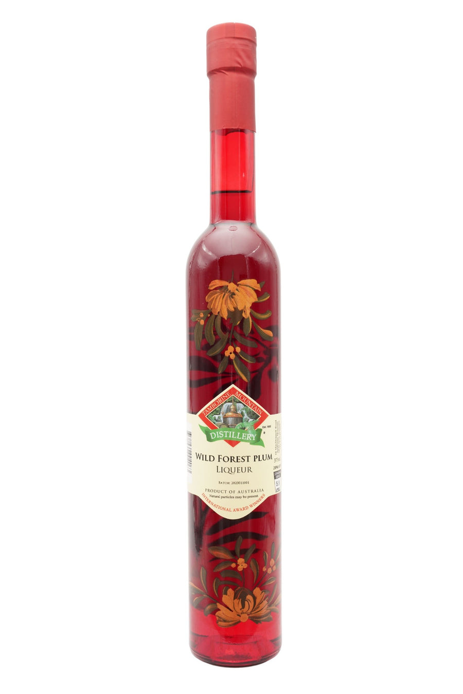 375ml handcrafted bottle of Tamborine Mountain Distillery’s Wild Forest Plum Liqueur, featuring botanical artwork, coloured glass, and small artisan label