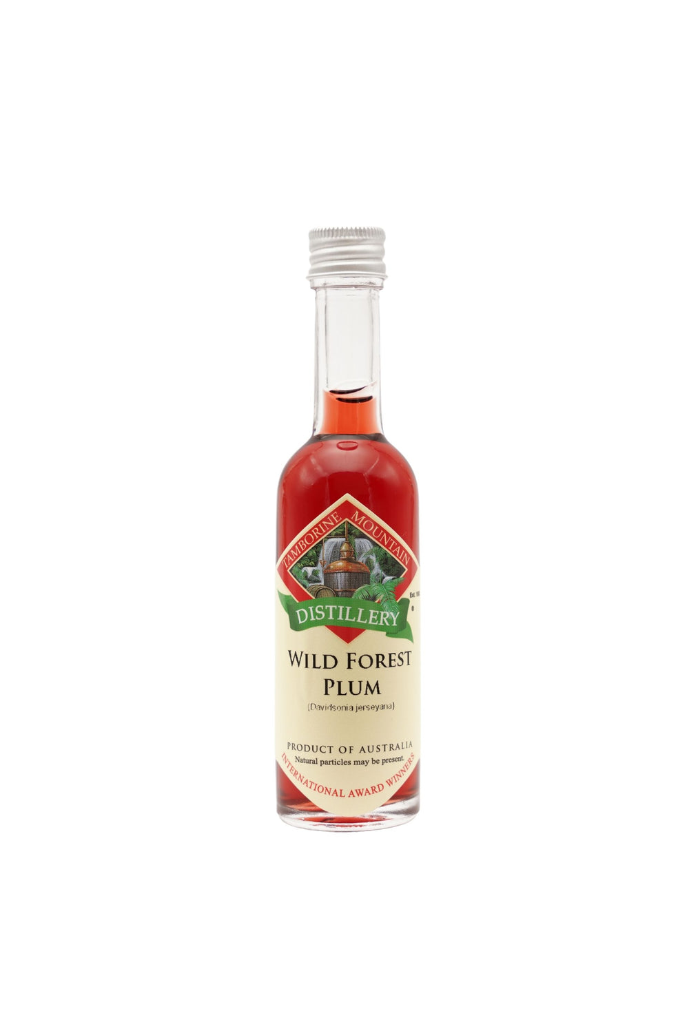 55ml handcrafted bottle of Tamborine Mountain Distillery’s Wild Forest Plum Liqueur, in clear glass with small artisan label