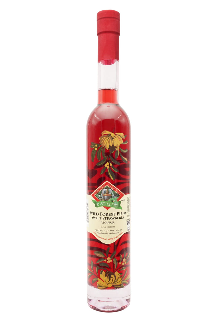 375ml handcrafted bottle of Tamborine Mountain Distillery’s Wild Forest Plum & Strawberry Liqueur, featuring botanical artwork, coloured glass, and small artisan label