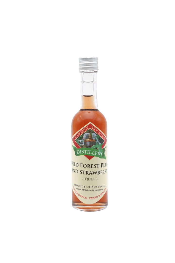 55ml handcrafted bottle of Tamborine Mountain Distillery’s Wild Forest Plum with Strawberry Liqueur, in clear glass with small artisan label